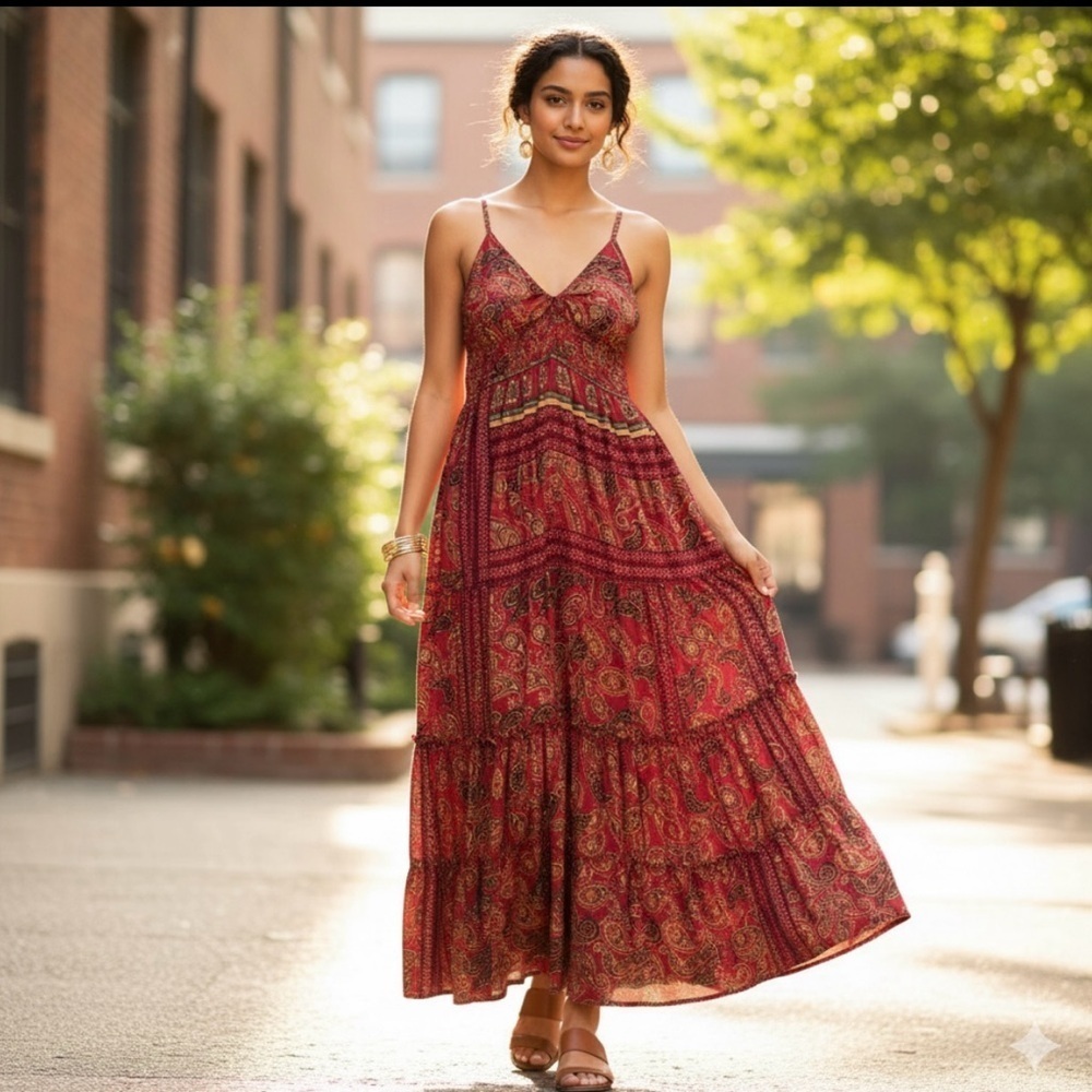 Me 2 Magic Anthropologie Pink Red Floral Stretch Maxi Dress Medium Divine Beauty